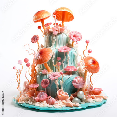 Beautiful cake decorated with mushrooms on a white background. 