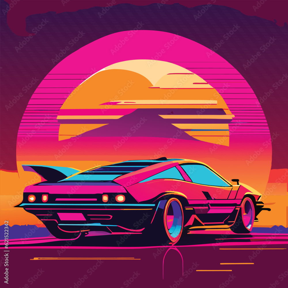Poster in the style of the 80s. Retro style, cyberpunk, neon, futuristic, sports car, metropolis, night city, landscape. Creative vector illustration.