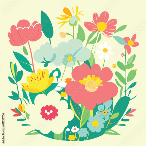 Hand drawn blooming flowers and flying butterflies. Vector elegant floral composition in vintage style.