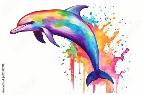 fluidity and unpredictability of watercolors by creating a dynamic and energetic dolphin print. bold brushstrokes and splashes of color to depict the dolphin movement and power