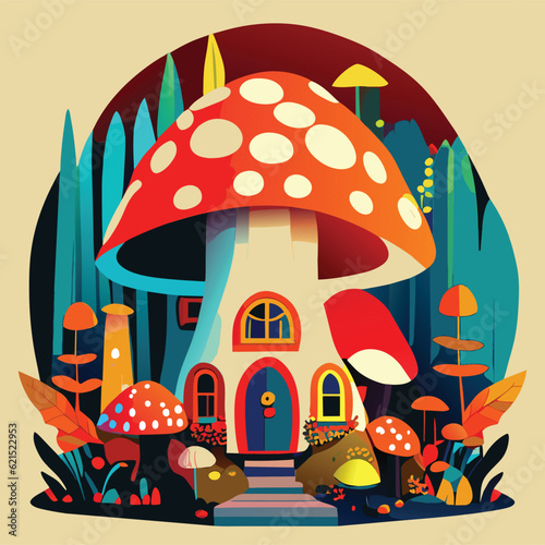 Fairy tales small mushroom houses. Vector cartoon illustration.