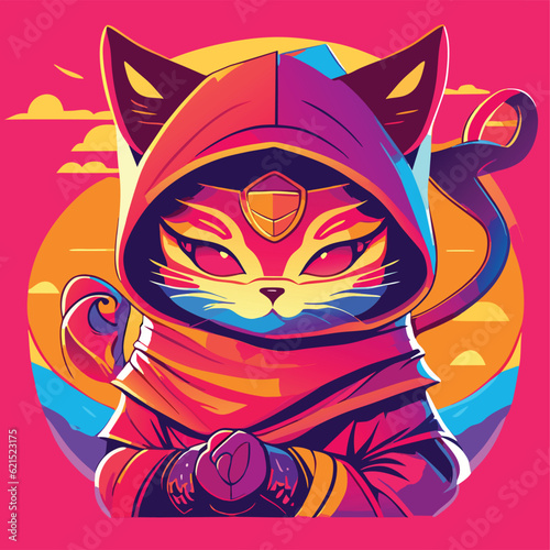 T-shirt design ninja cat with background, digital art futuristic.