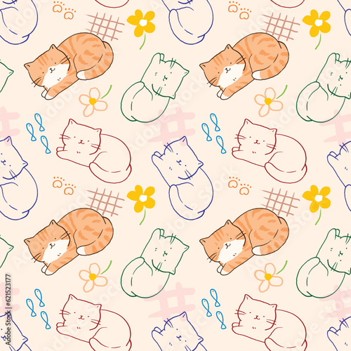 Seamless Pattern with Hand Drawn Cat Design on Light Yellow Background