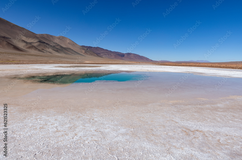 Visiting the famous tourist attraction Ojos del Mar near Tolar Grande in the Argentinian highlands called Puna while traveling South America