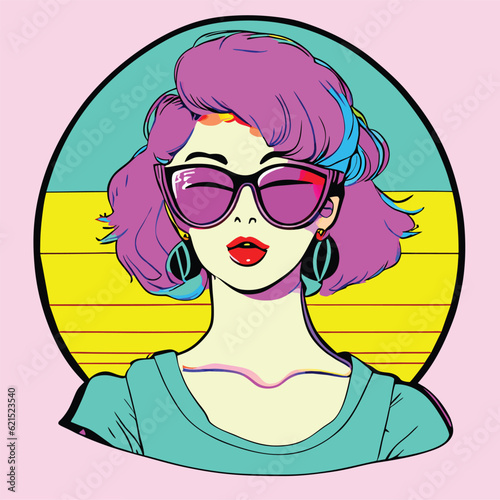 Portrait of a young pretty woman in retro futurism style. Vector illustration in neon bright colors.