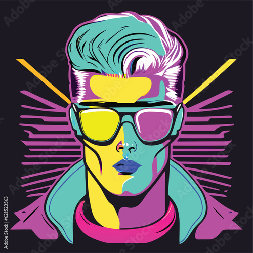 Portrait of a young handsome man in retro futurism style. Vector illustration in neon bright colors.