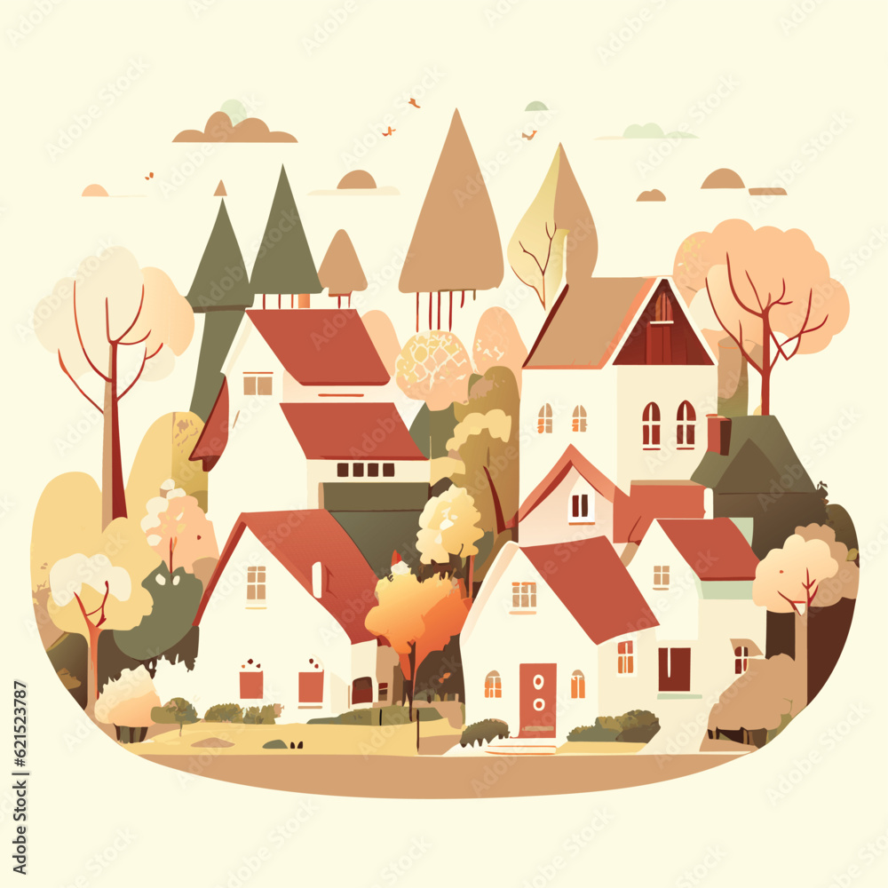 Country house in the forest. Farm in the countryside. Small village house. Cottage among trees. Hand drawn vector illustration.