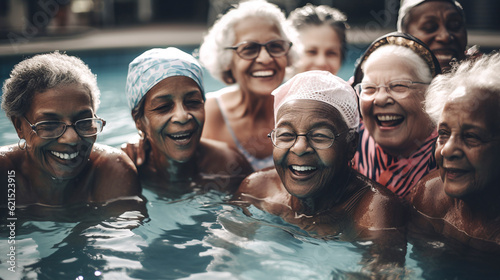 Multicultural Senior Women, joyful Laughter in the Pool, generative ai
