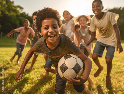 Joyful Multicultural Kids, fun and Laughter in Soccer Game, Generative AI © Juanrastock