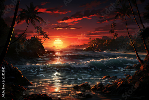 Tropical sunset with a hamrock. AI generative