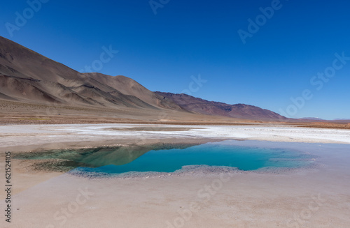 Visiting the famous tourist attraction Ojos del Mar near Tolar Grande in the Argentinian highlands called Puna while traveling South America