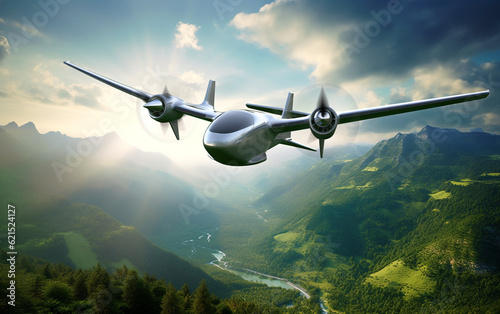 Futuristic VTOL aircraft navigating green mountains and valleys