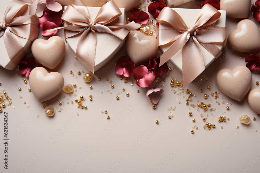 Happy valentines day banner. Pink and gold hearts foil balloons with gifts on pink bokeh Valentines Day background. AI generative