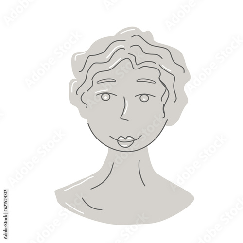 Contemporary art with gypsum antique statue head. Short hair. Vaporwave style poster concept. Vector illustration.