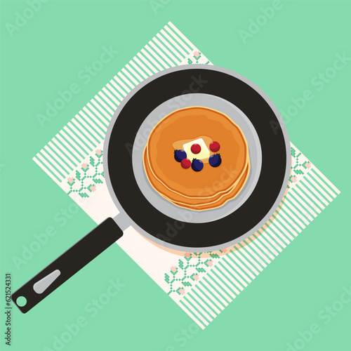 Tasty pancakes on frying pan, vector illustration. American breakfast foods.