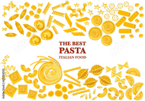 Pasta types set Italian noodles and macaroni restaurant menu, delicious pasta vector illustration, flat cartoon style, hand-drawn banner, suitable for menus, banners, flyers, cards on white background