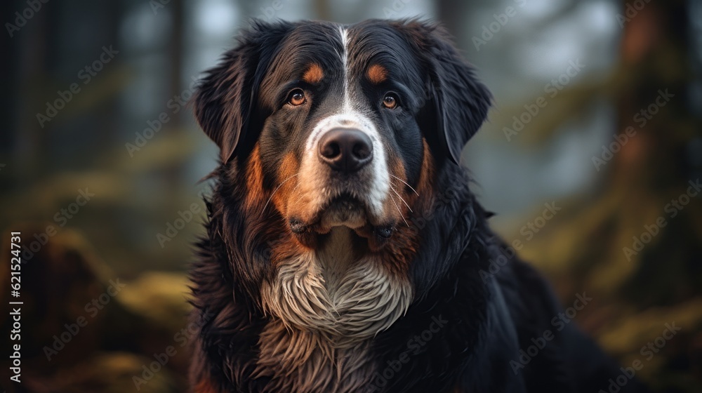 Bernese Mountain Dog with a beautiful background. Generative AI