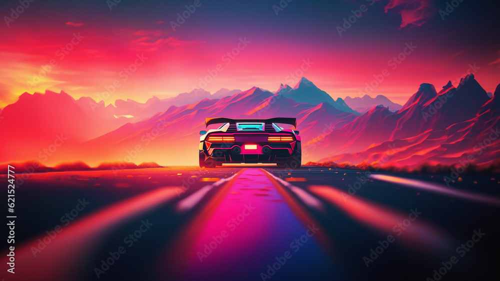 Pink classic car with mountains as background with 80s. neon lights. Retro futuristic sci-fi, nostalgic 90s. AI generated.