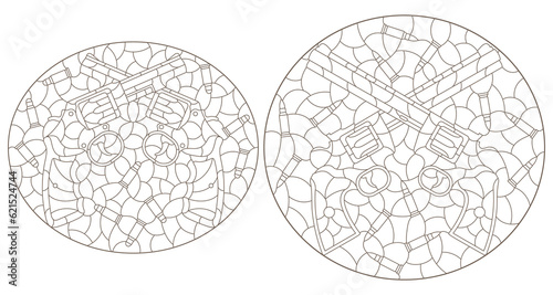A set of contour illustrations in the style of stained glass with compositions of revolvers and bullets, isolated on a white background