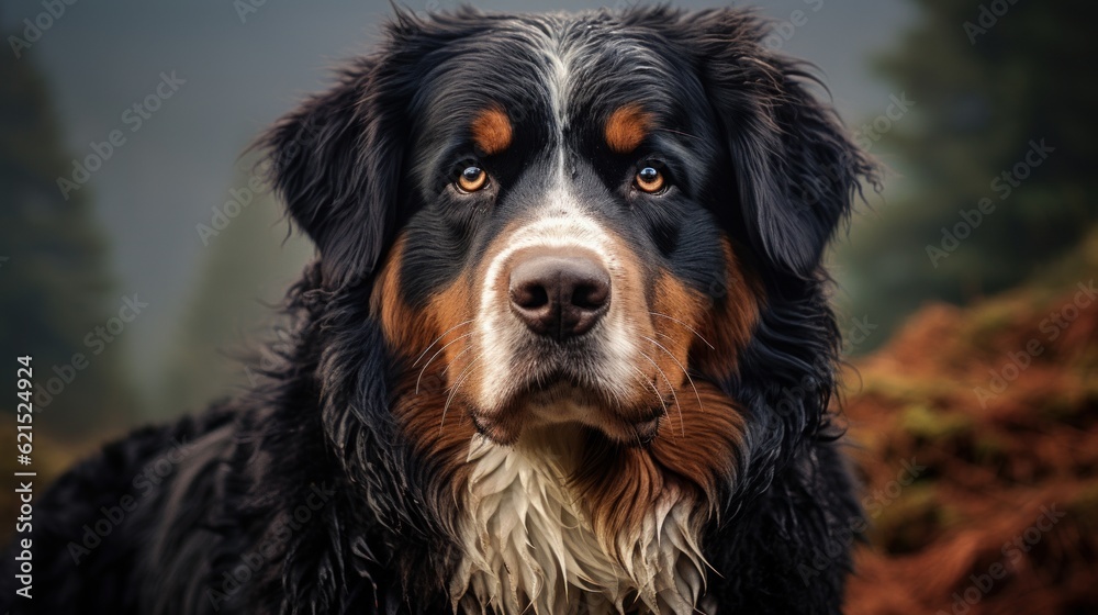 Bernese Mountain Dog with a beautiful background. Generative AI - obrazy, fototapety, plakaty 