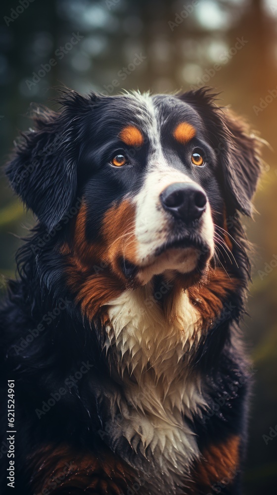 Bernese Mountain Dog with a beautiful background. Generative AI