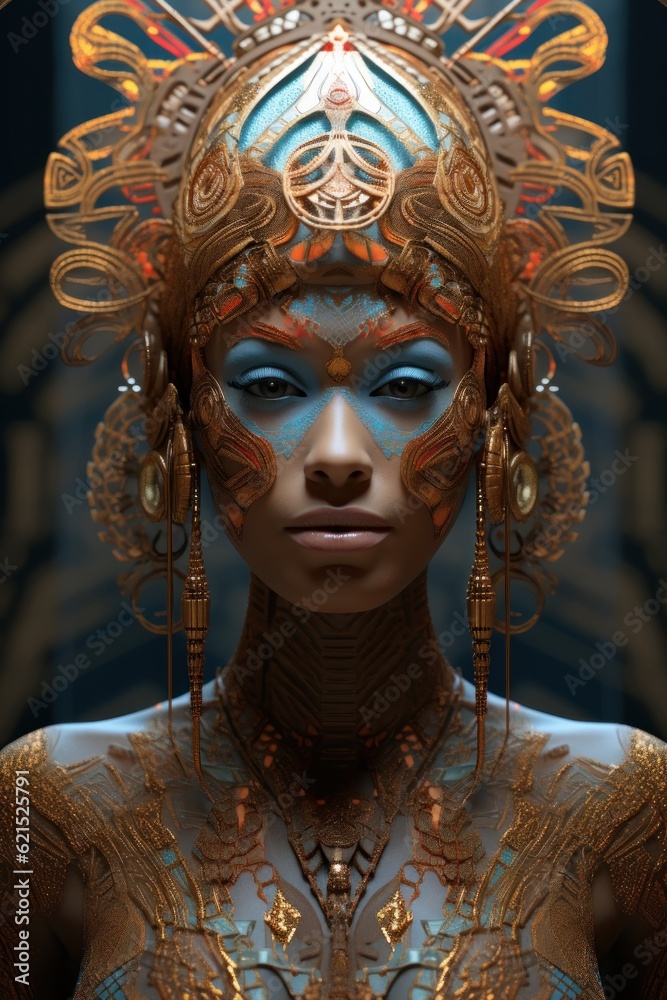 Psychedelic Enigma: Minoan Goddess with Jet-Black Eyes and Lizard Skin, LSD Fractals in the Background, Generative AI
