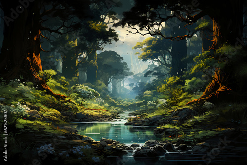 Valley, stream, crepuscular rays. AI generative © SANGHYUN