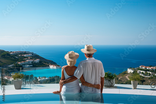 Senior couple hugging by modern pool overlooking ocean