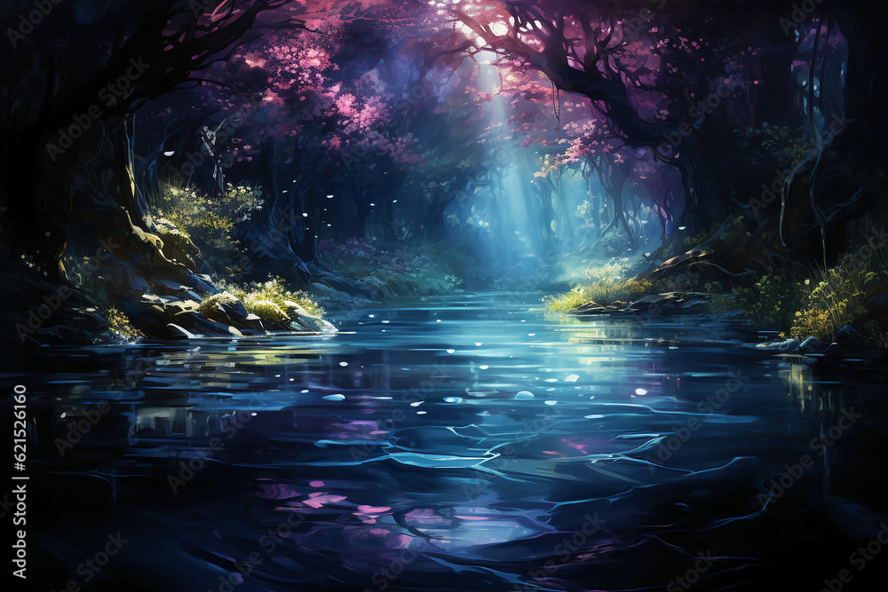 Water with blue reflections over green and purple trees. AI generative