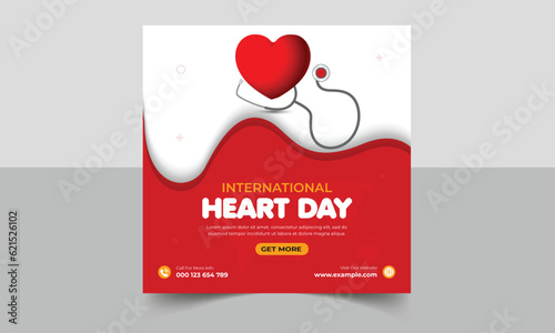 World Heart Day, Heart Care social media post concept, World Heart Day with of red heart on dark background. Medical sign on 29th of September. World Cardiology Day background for banner or poster. 