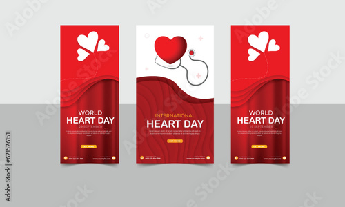  World Heart Day roll up banner design, World herat day social media Instagram story post, Heart red Illustration Background, stand banner design for heart care