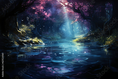 Water with blue reflections over green and purple trees. AI generative