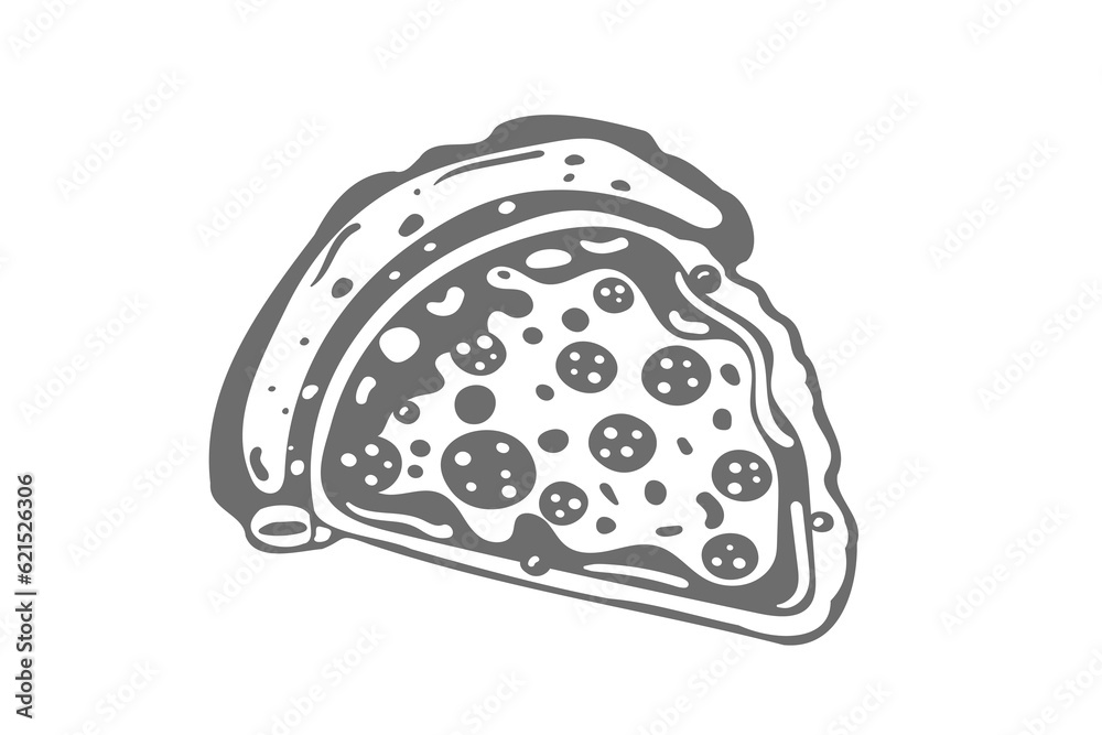 Pizza slice with melted cheese and pepperoni. Vector cartoon sticker in comic style with contour. Design element food for greeting card, poster, print for clothes, emblem. Pizza slice with melted cheese and pepperoni. Vector cartoon sticker in comic style with contour. Design element food for greeting card, poster, print for clothes, emblem.