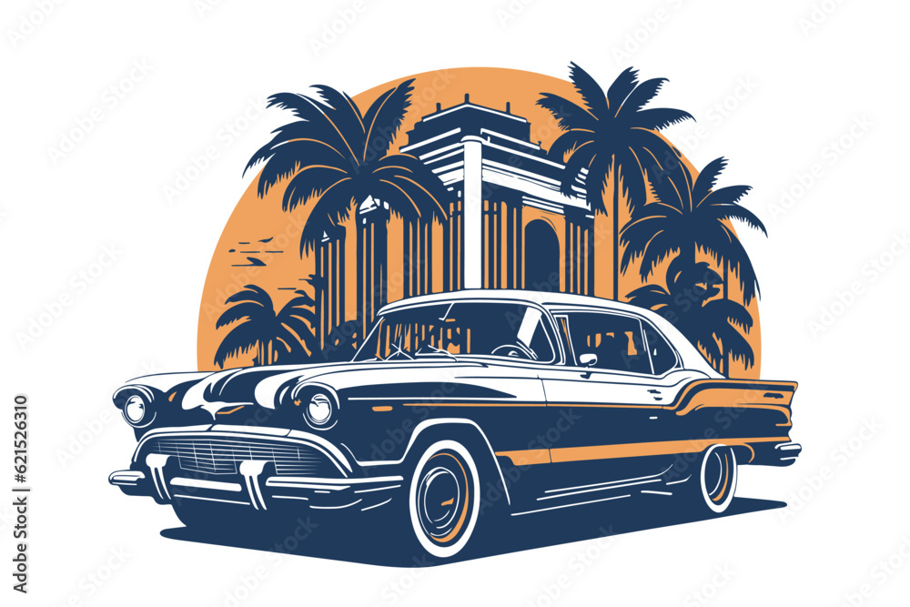 Classic american car style. Vintage vehicle vector illustration. Modern  print design of retro machine. Stock Vector