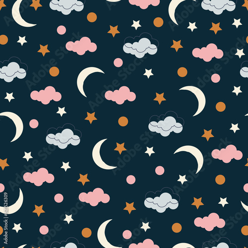 Exquisite celestial seamless surface pattern. Allover printed whimsical arrangement of childish stars, moons, clouds and polka dots
