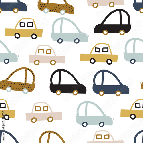 Exquisite babyish seamless surface pattern design of whimsical hand drawn cars. Transportation background of doodle toy cars