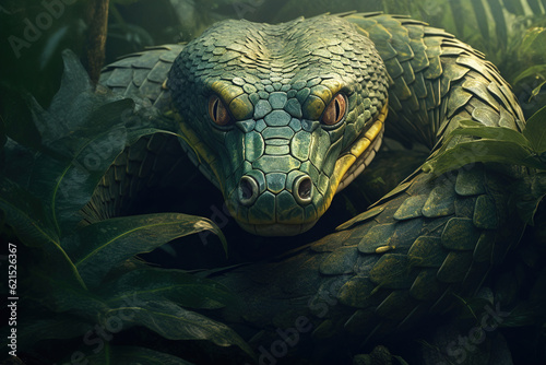 Big dangerous snake, anaconda in jungle looking at camera photo