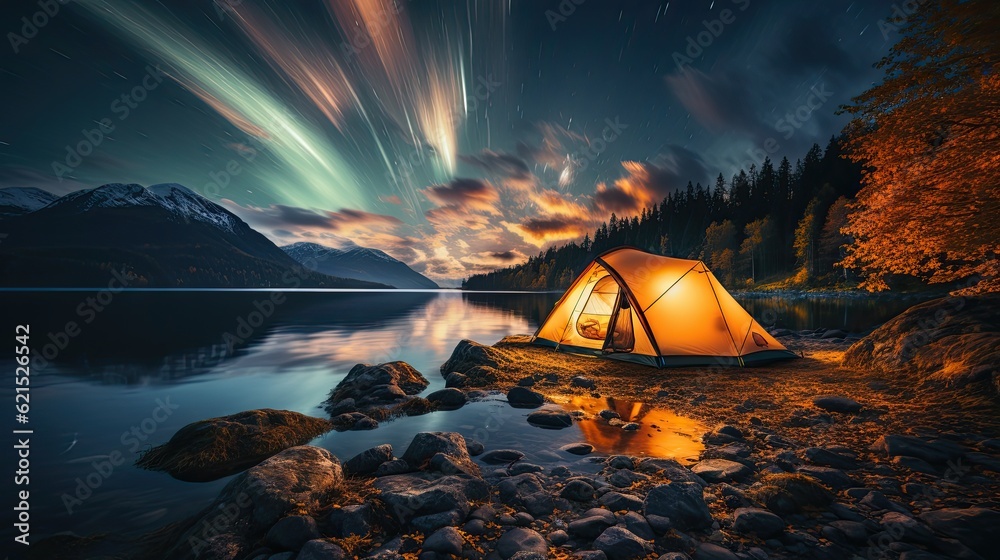 aurora view with beautiful mountain and tent - obrazy, fototapety, plakaty 