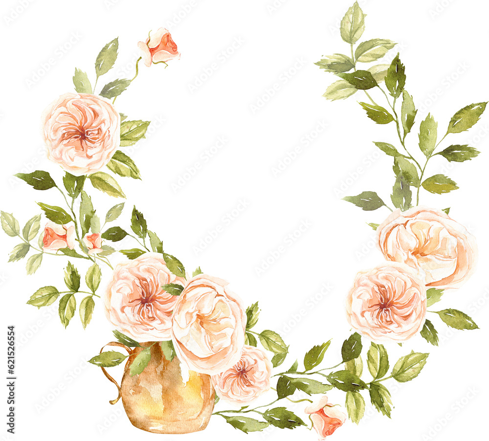 Watercolor wreath with beige roses,  green leaves and gold vase, perfect for wedding invitation, baby shower, save the date card, Mother's Day, floral clipart, summer flowers