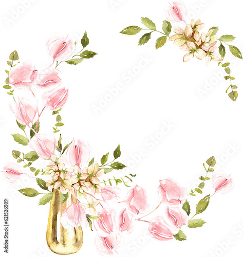 Watercolor wreath with pink flowers   green leaves and gold vase  perfect for wedding invitation  baby shower  save the date card  Mother s Day  floral clipart  summer flowers