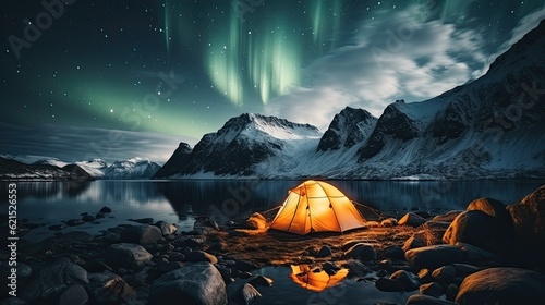 aurora view with beautiful mountain and tent