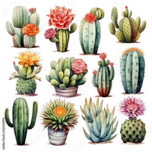 Watercolor vector set of cactus and succulent plants isolated on white background.