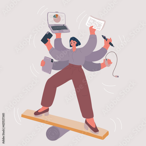 Vector illustration of businesswoman Multitask. Businessman, working calling. Balancing character with six hands holding laptop, tablet, pen, stack of paper, mouse. Workaholic and deadline concept.