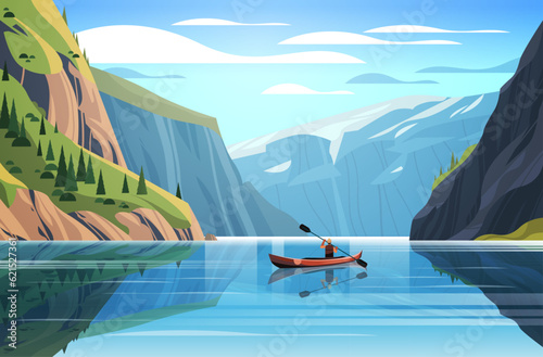 man tourist traveling in boat along mountain river beautiful scenery nature landscape background active summer vacation concept