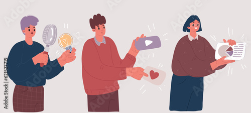 Vector illustration of team is engaged in business analytics and data collection in Internet. Women, man holding magnifying glass, play and like icon and circural diagram.