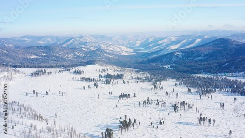 Altai mountains in winter: Seminsky Ridge and Seminsky Pass. Aerial view. photo