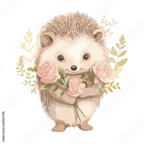 Cute hedgehog holding bouquet of flowers, vector.