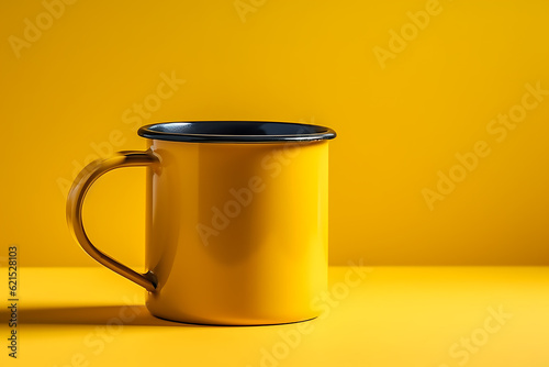 yellow enamel mug mockup on a yellow background. AI Generative photo