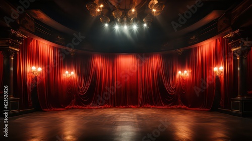 Dramatic Red Curtain Background Spotlight Illuminating the Center Stage with Captivating Intrigue