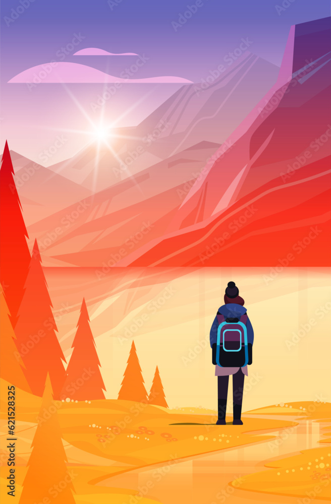 rear view of tourist with backpack travels along mountains and enjoying the view over beautiful nature landscape travelling hiking